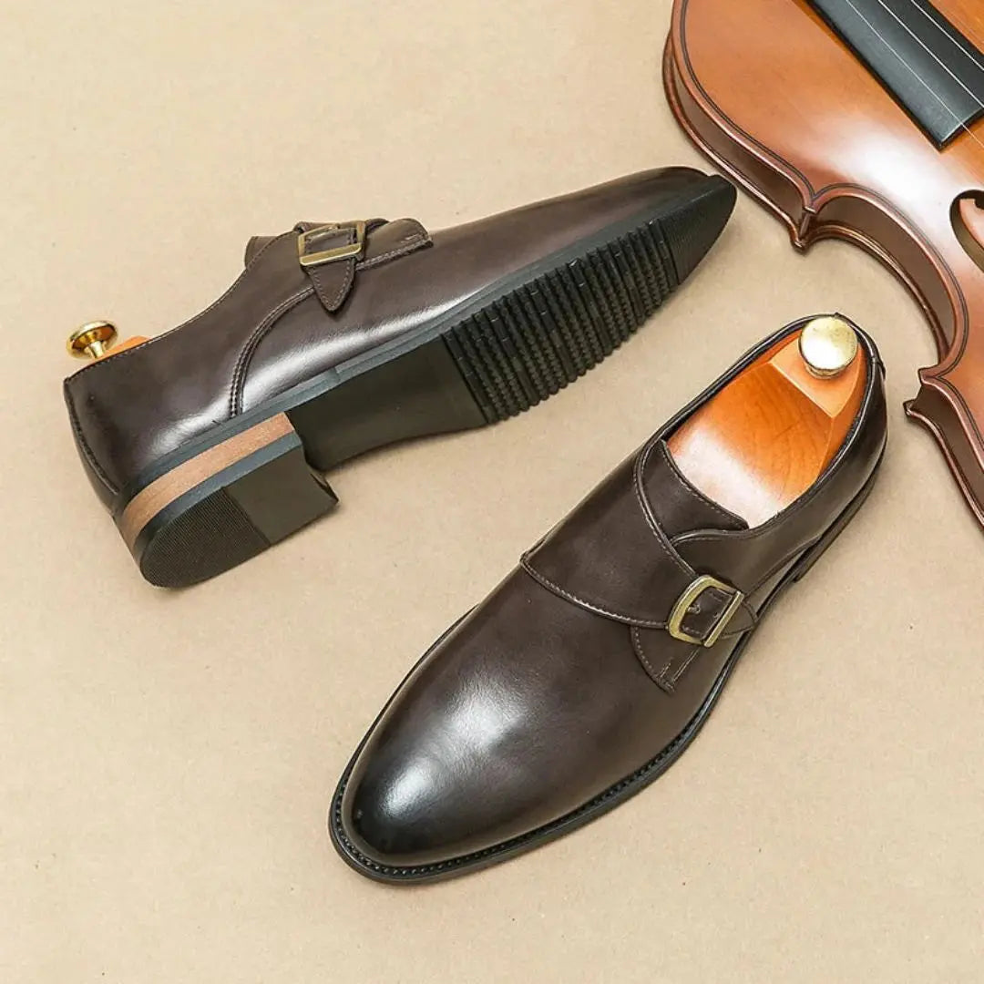 Men's black monk strap dress shoes sleek silhouette with premium buckle closure for corporate and wedding wear