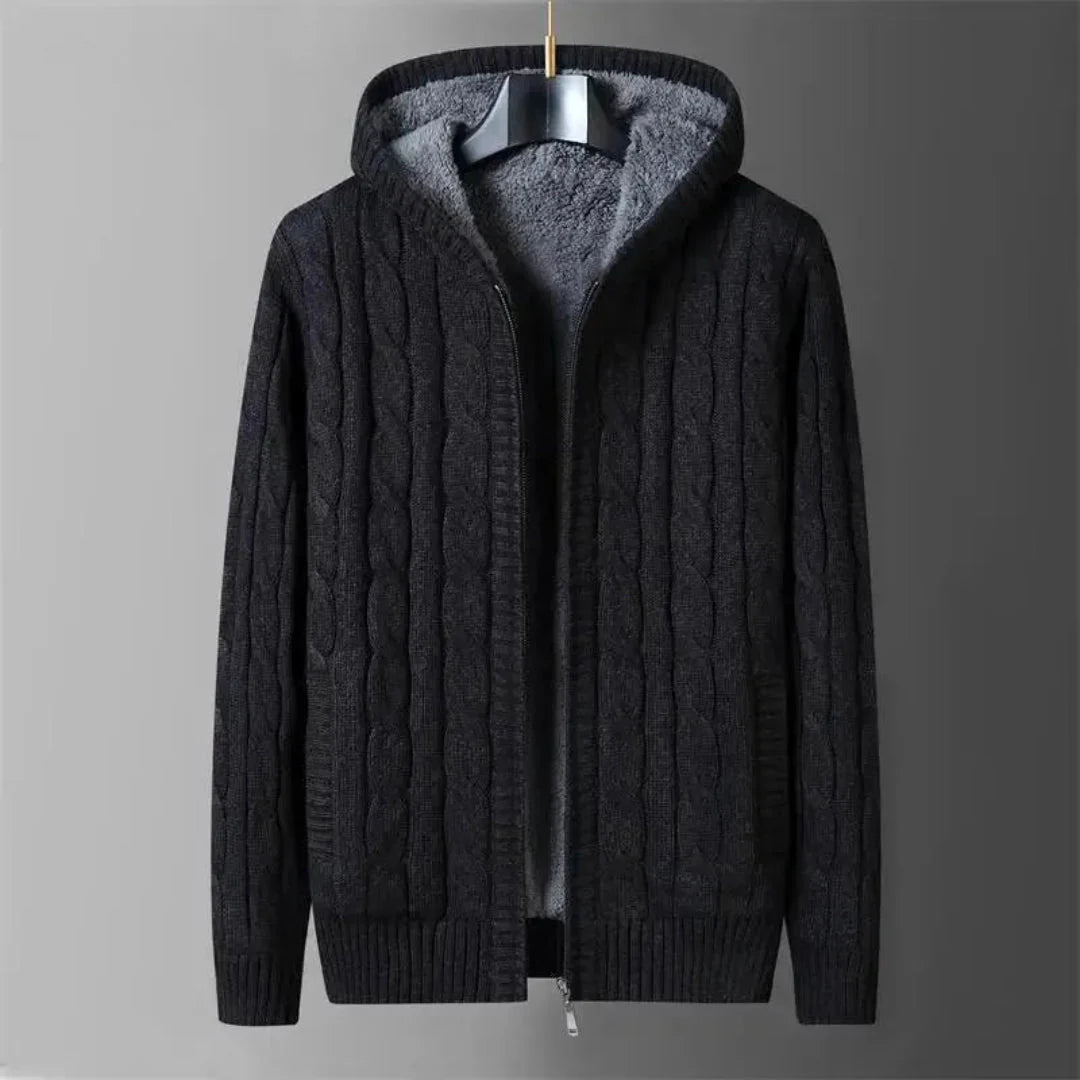 Blaine reversible hooded cardigan sweater, zip-up fleece-lined two-way winter layering piece