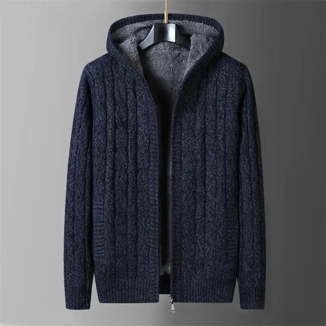 Blaine reversible hooded cardigan sweater zip-up fleece-lined interior for men and women winter warmth
