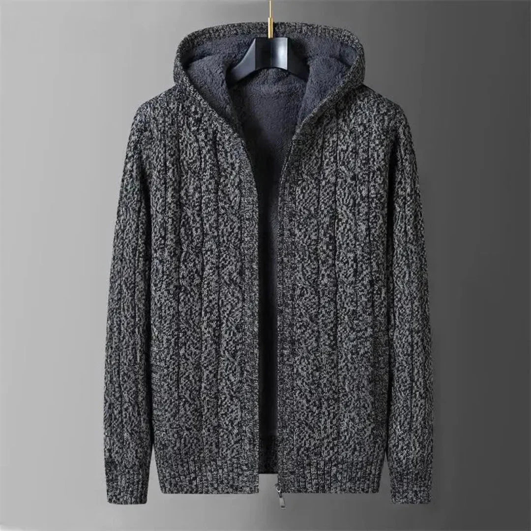 Blaine reversible hooded cardigan sweater, zip-up fleece-lined two-way unisex winter layering piece