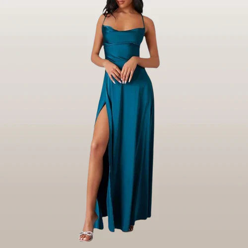 Women's burgundy satin maxi dress with cowl neck, thigh-high slit, and silhouette-skimming glamour fit