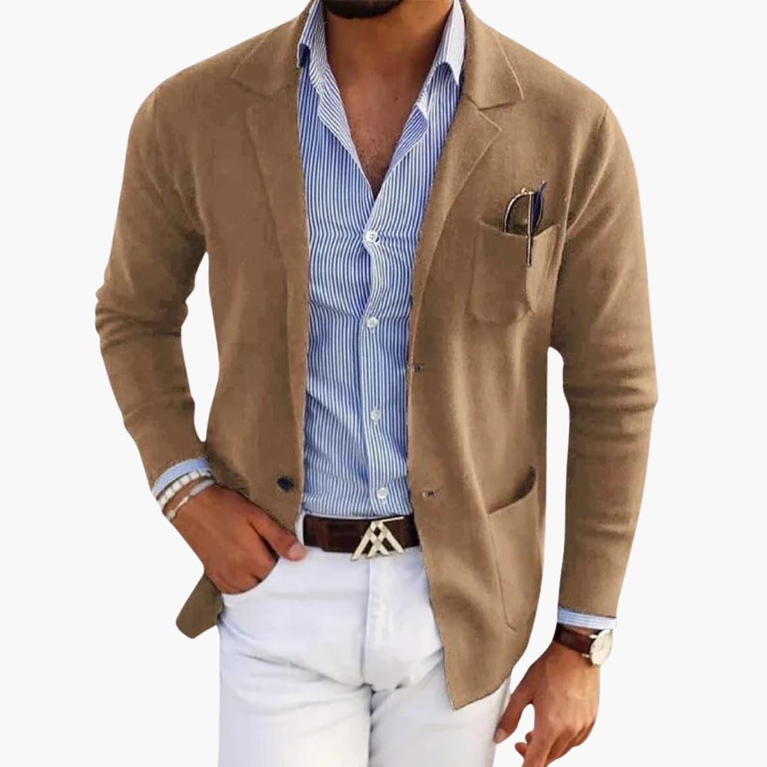Men's blazer cardigan notched collar single-breasted button closure patch pockets professional style