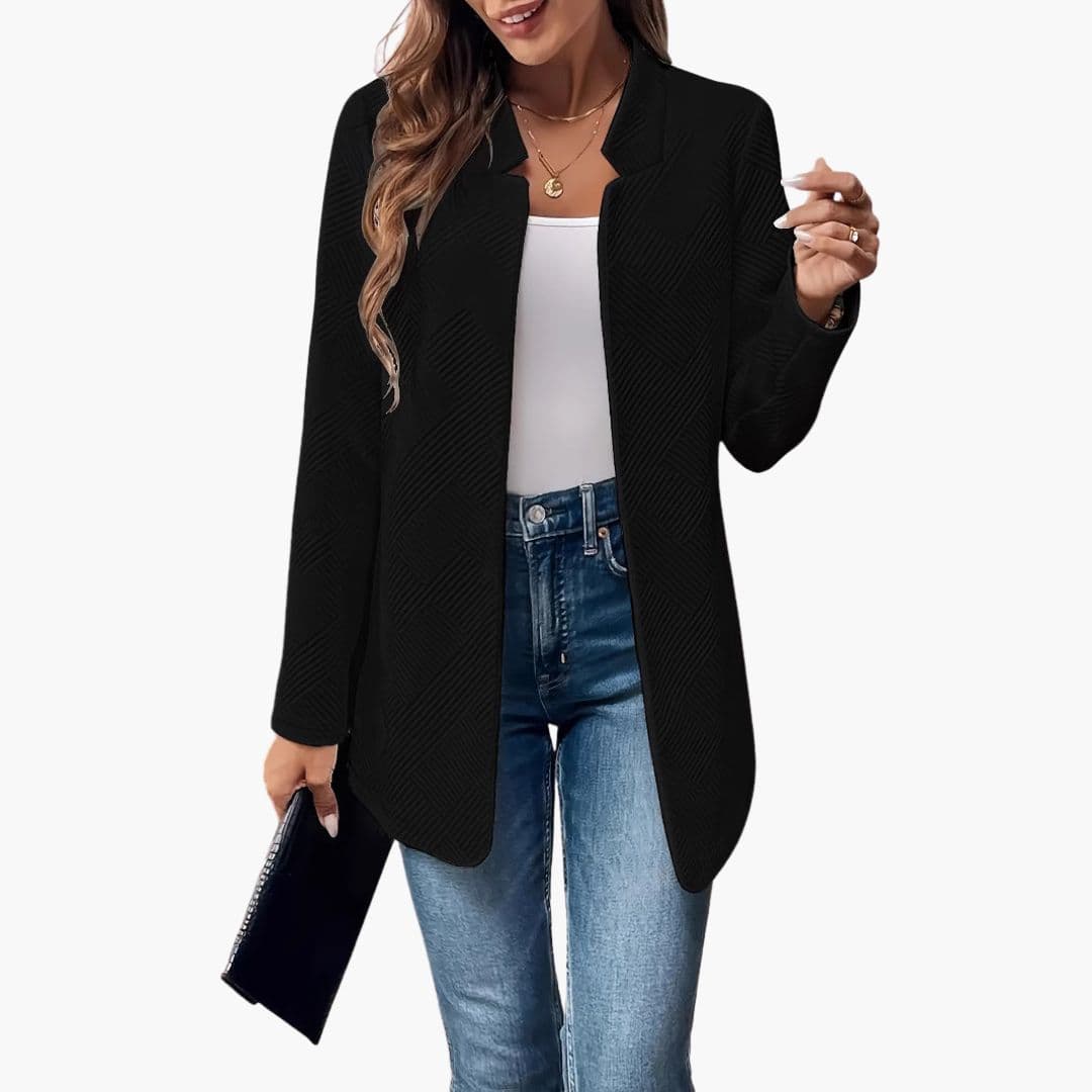 Women's open blazer textured surface structured lapel professional tailored layering piece modern fit