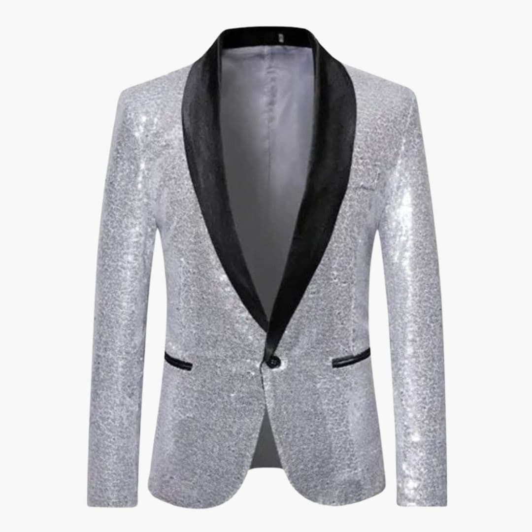 Men's black sequined formal blazer with contrasting shawl collar, full-coverage dazzling shine for evening wear