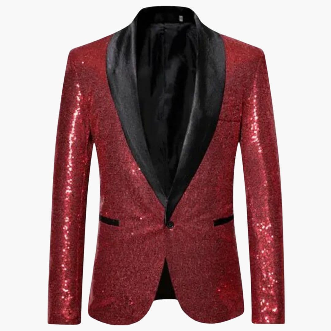 Men's black sequined formal blazer with contrasting shawl collar, full glitter surface for evening wear