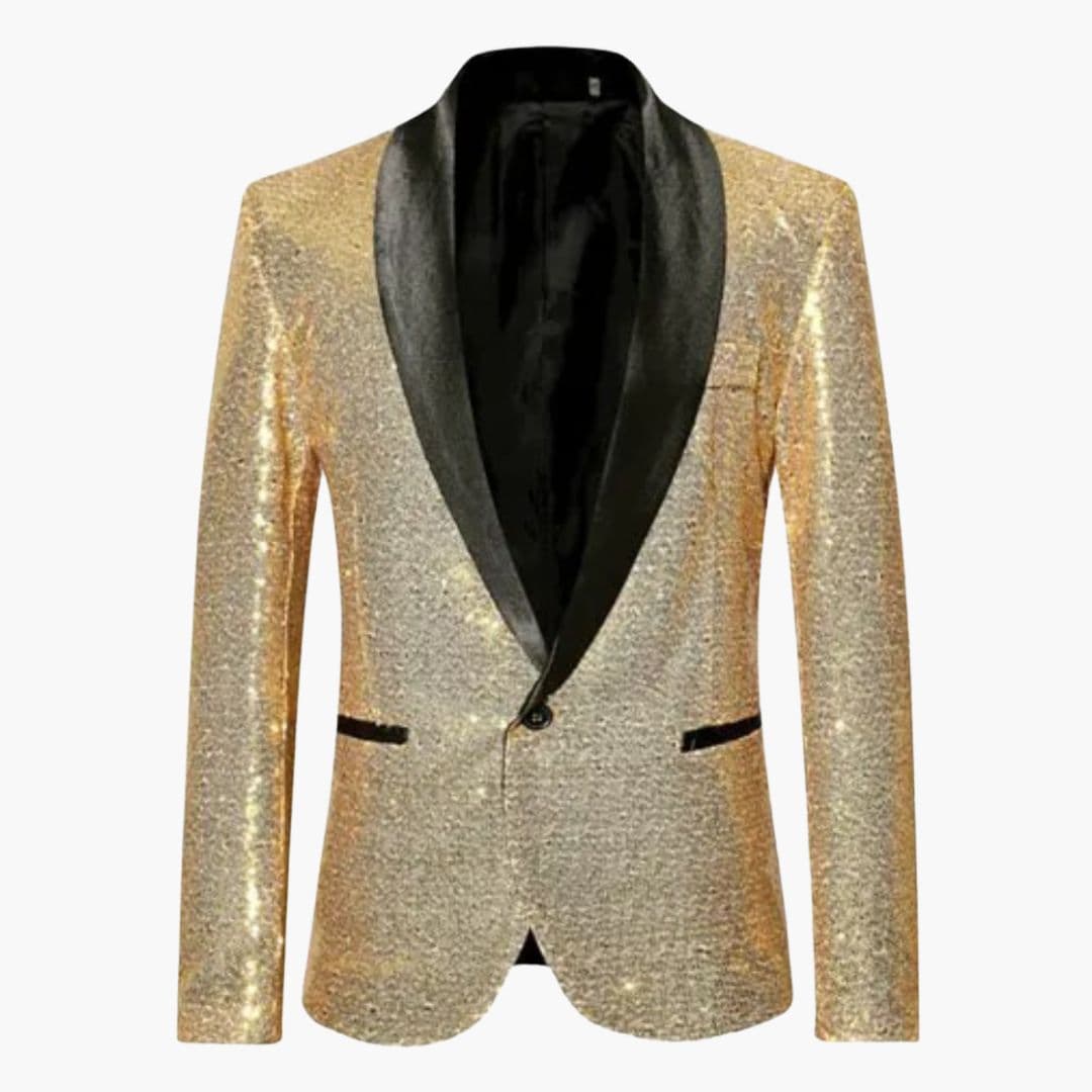 Men's black sequined formal blazer with contrasting shawl collar, full glitter surface for evening wear