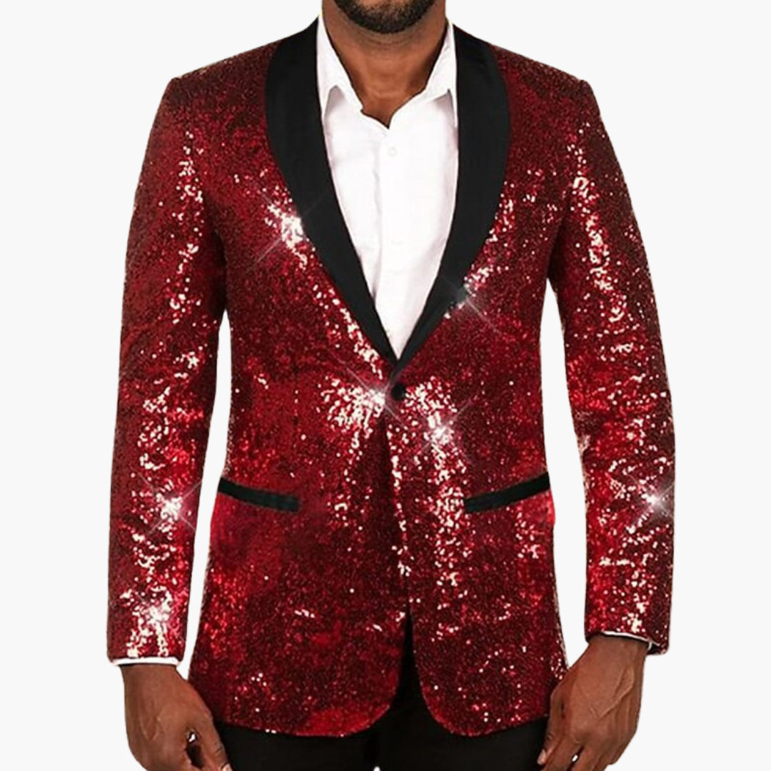 Men's black sequin blazer with contrast notch lapels, tailored slim fit, long sleeve party design