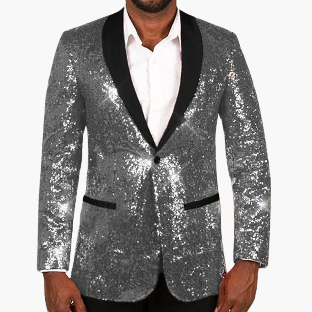 Men's black sequin blazer with contrast notch lapels, tailored long sleeve party blazer with reflective finish