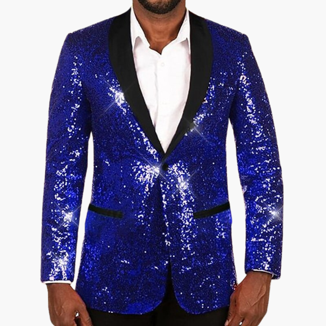 Men's silver sequin blazer with contrast notch lapels, tailored slim fit, long sleeve party formal wear