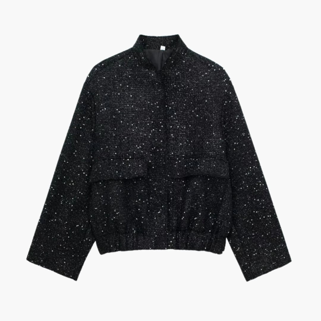 Women's all-over sequin blazer with structured shoulders and front-opening party-ready style