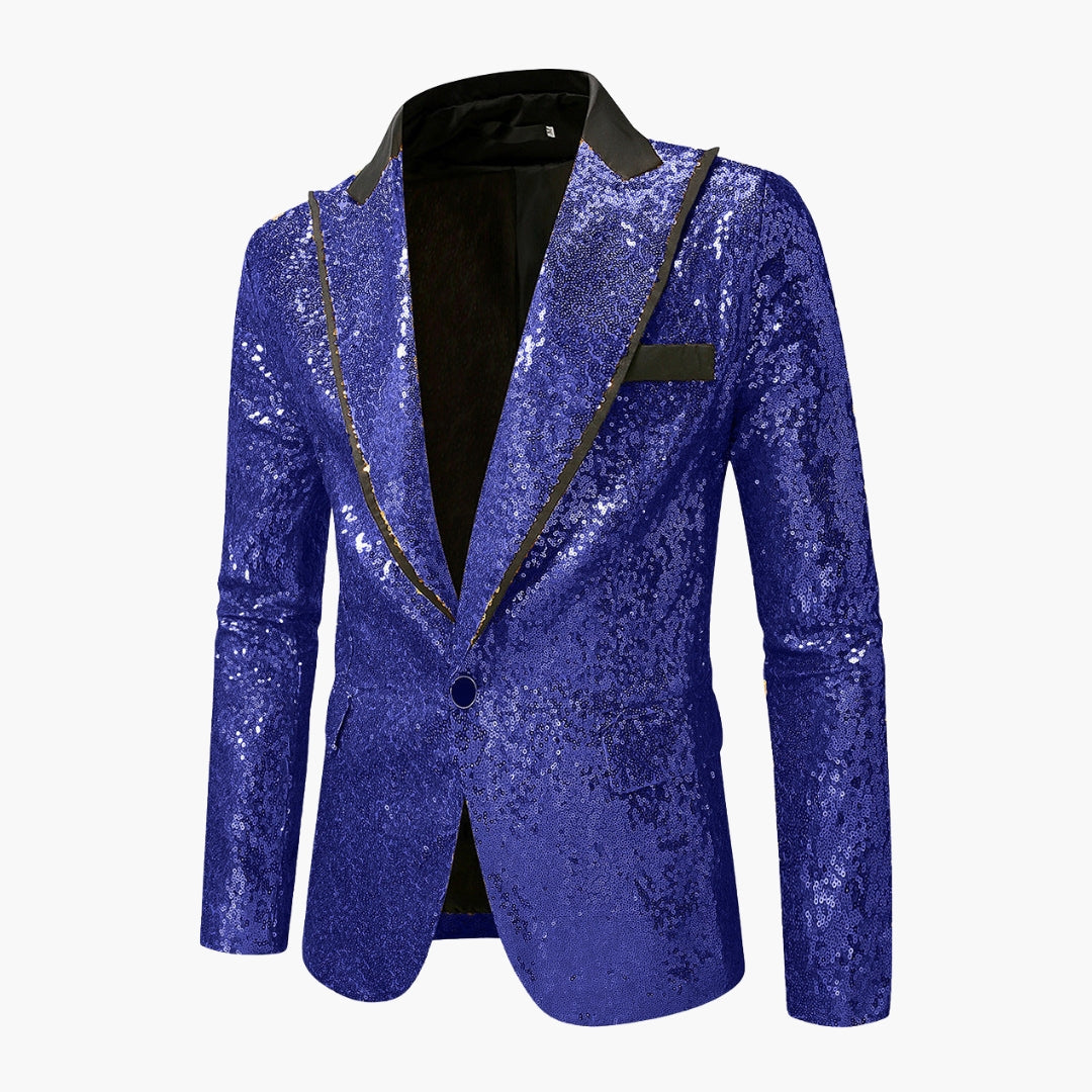 Men's black sequin tuxedo blazer with satin notch lapel, fitted formal jacket with allover sparkle