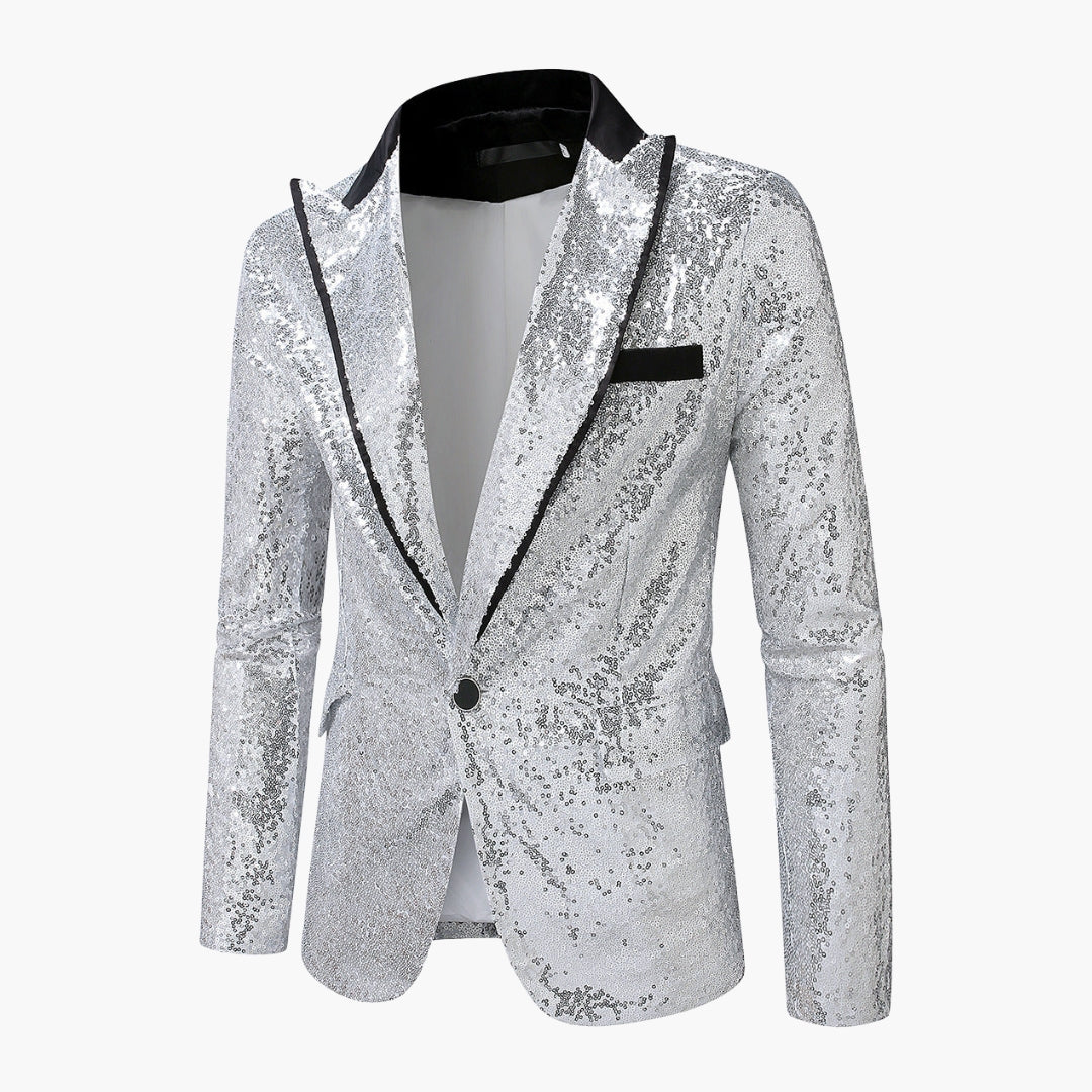Men's black sequin tuxedo blazer with satin notch lapel, fitted formal jacket with all-over sparkle