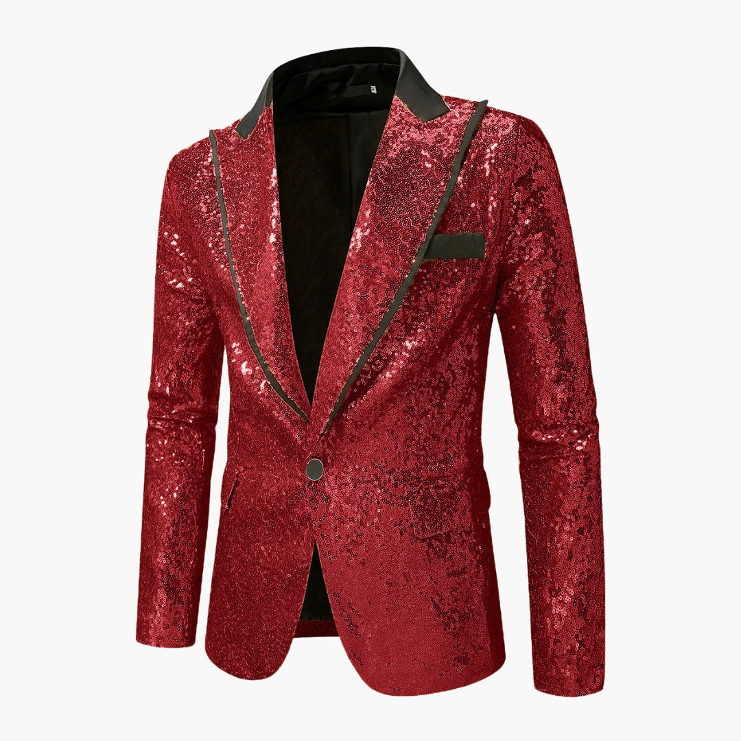 Men's black sequin tuxedo blazer with satin notch lapel, fitted formal cut with all-over sparkle
