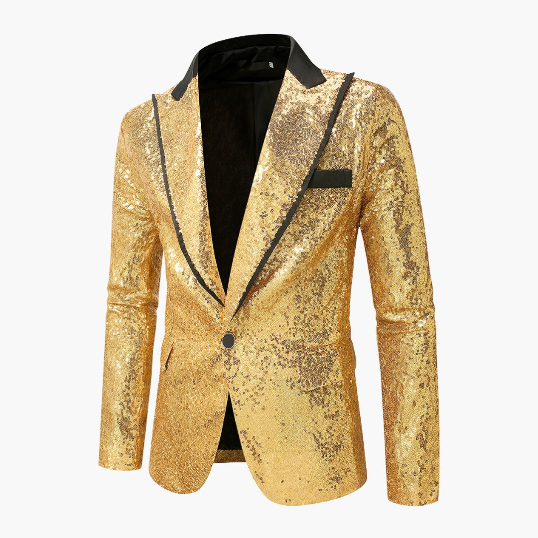 Men's slim-fit sequin tuxedo blazer with satin notch lapel, sparkling formal jacket