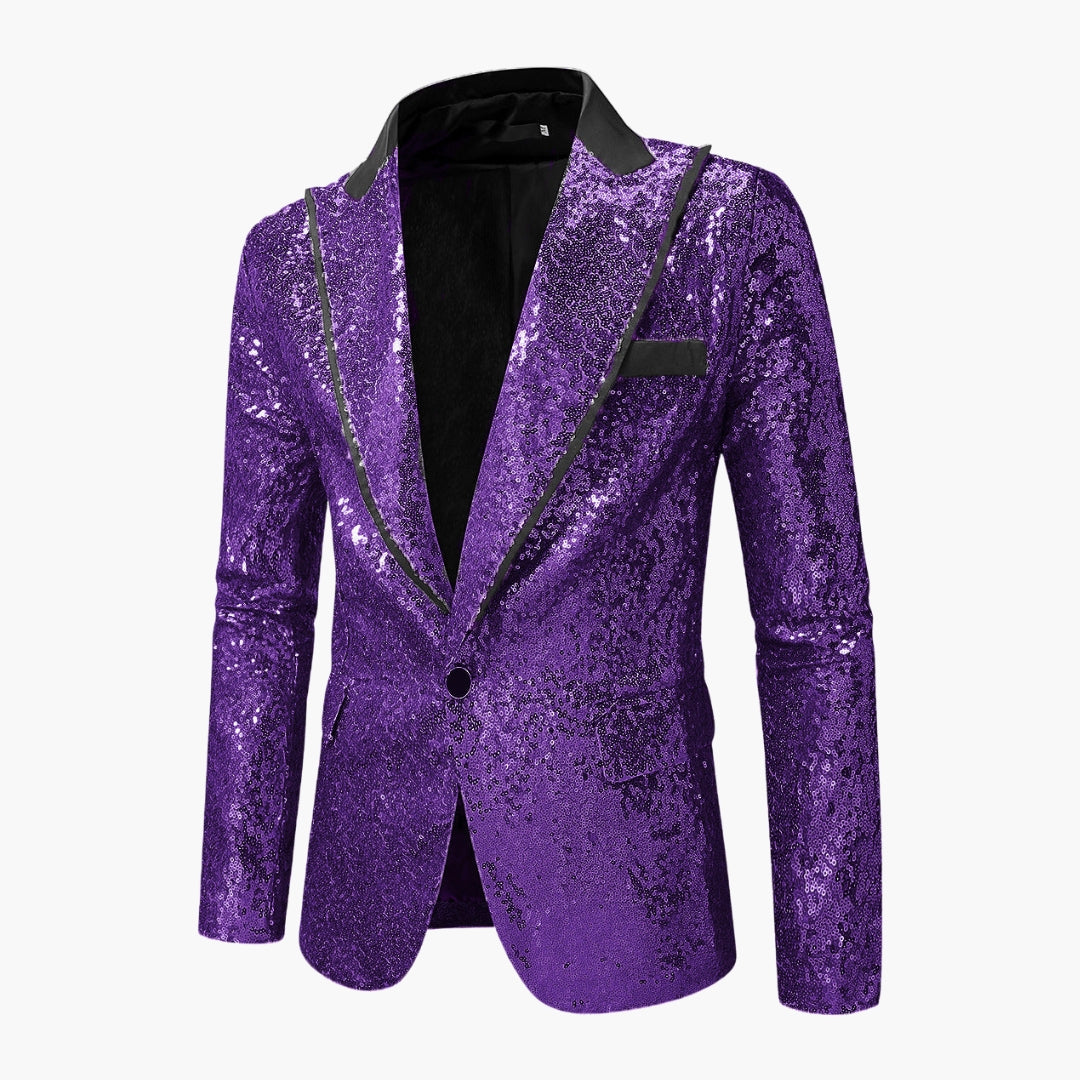 Men's black sequin tuxedo blazer with satin notch lapel, fitted formal jacket with all-over sparkle