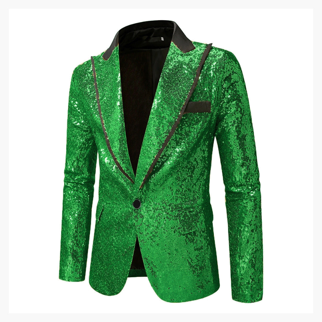 Men's black sequin tuxedo blazer with satin notch lapel, fitted formal jacket with all-over sparkle