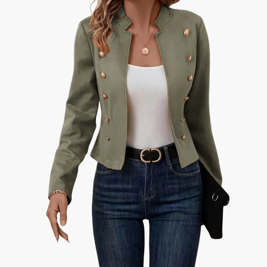 Women's structured blazer with front button details, straight collar, polished professional style