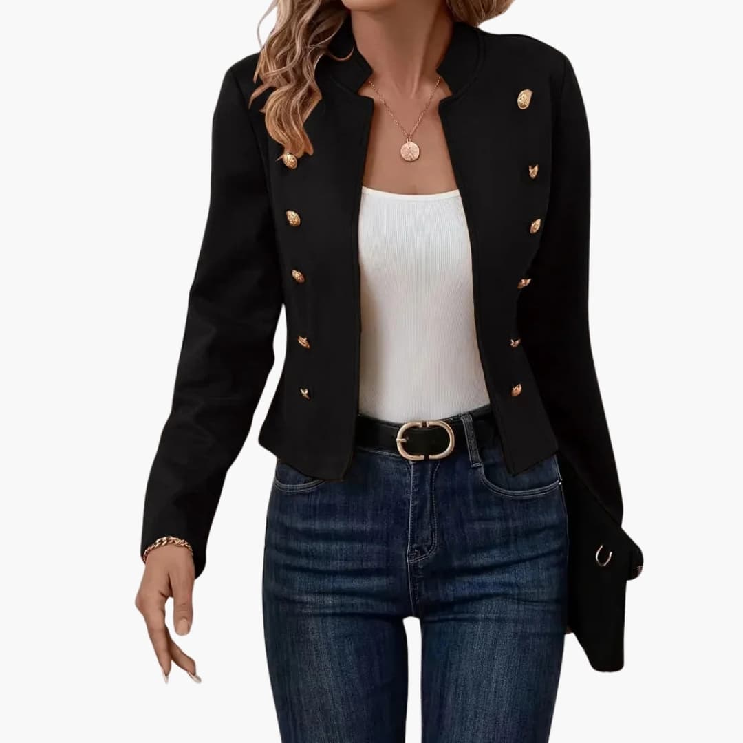 Women's structured blazer with front button details, straight collar, polished modern officewear style