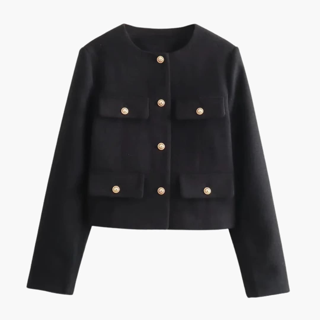 Women's short blazer round collar flap pockets structured silhouette professional office wear