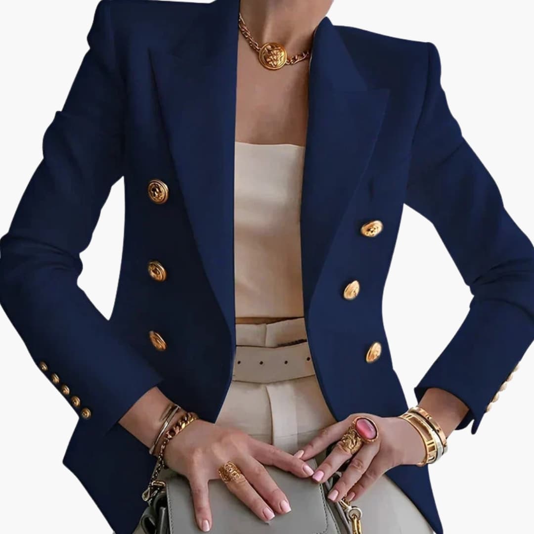 Women's double-breasted blazer navy structured fit gold button details elegant office professional