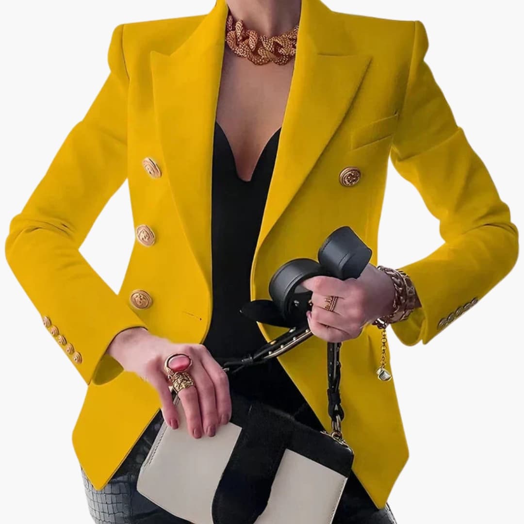 Women's double-breasted blazer navy gold buttons notched lapel elegant office professional slim fit