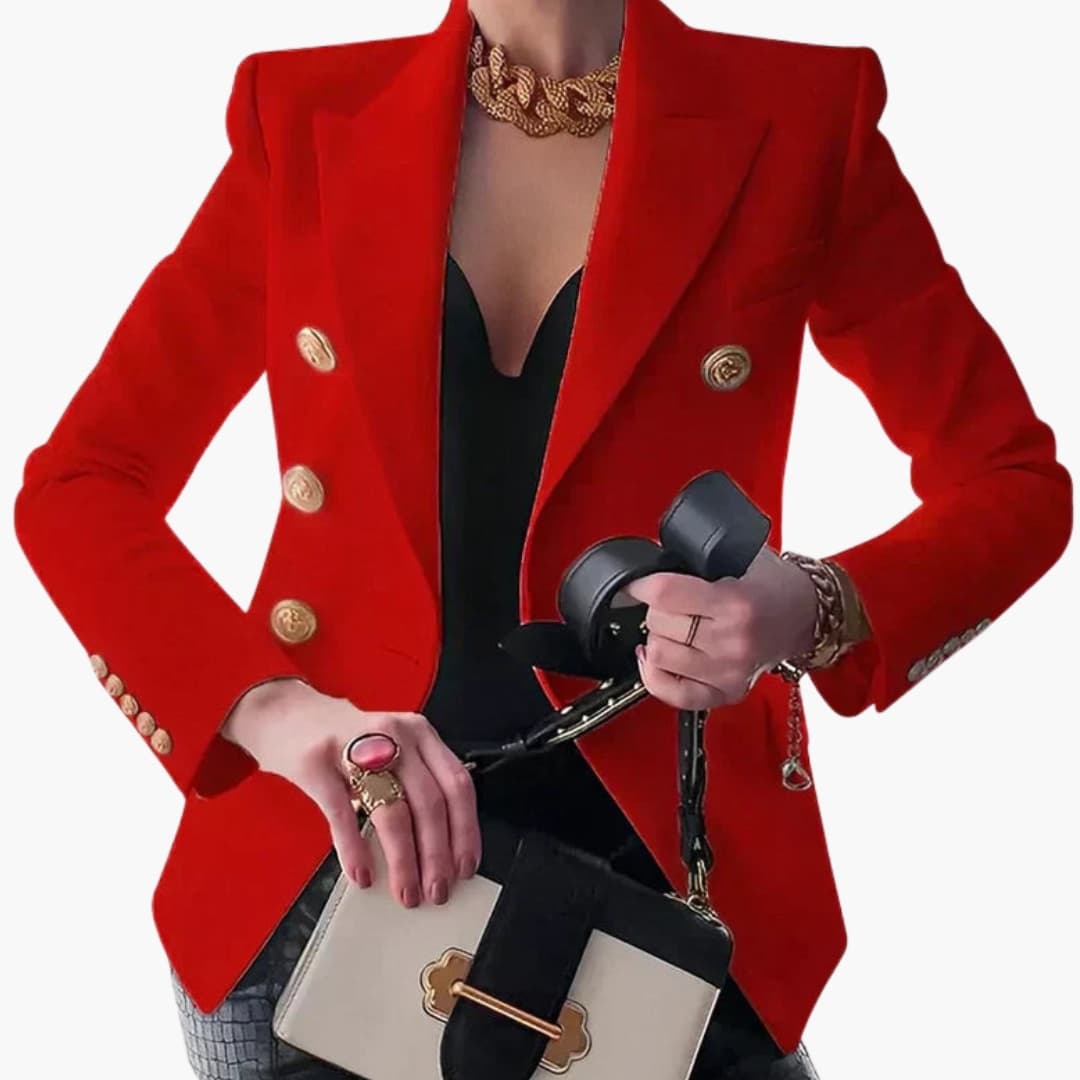 Women's double-breasted blazer black notched lapel gold button details chic office-ready professional
