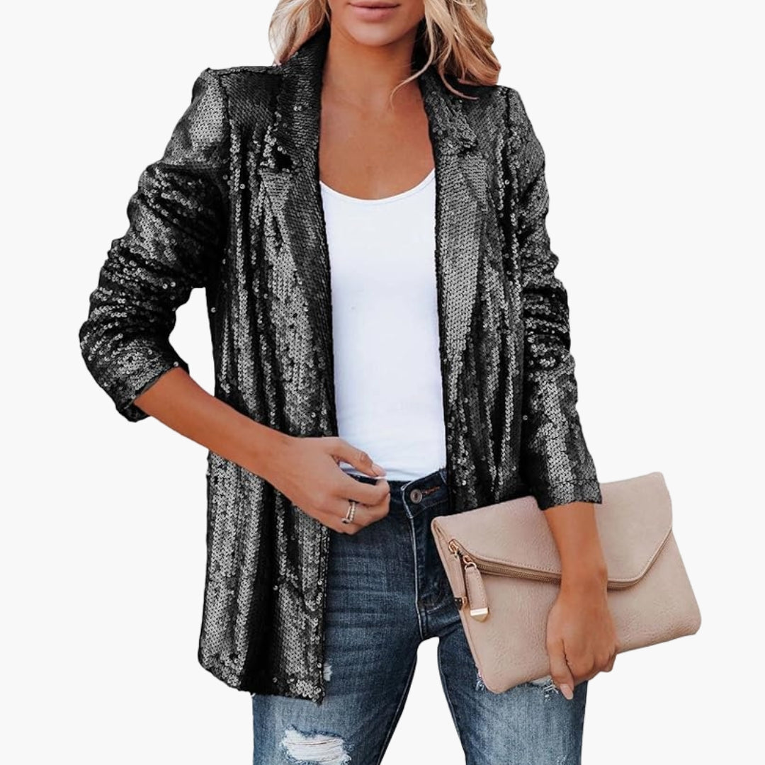 Women's silver sequin blazer open-front long sleeve hip-length jacket with dense sparkle texture