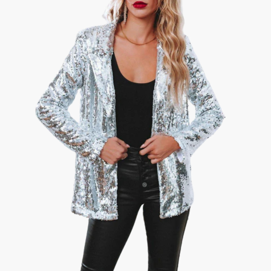 Women's silver sequin blazer open-front long sleeve hip-length jacket with dense sparkle texture