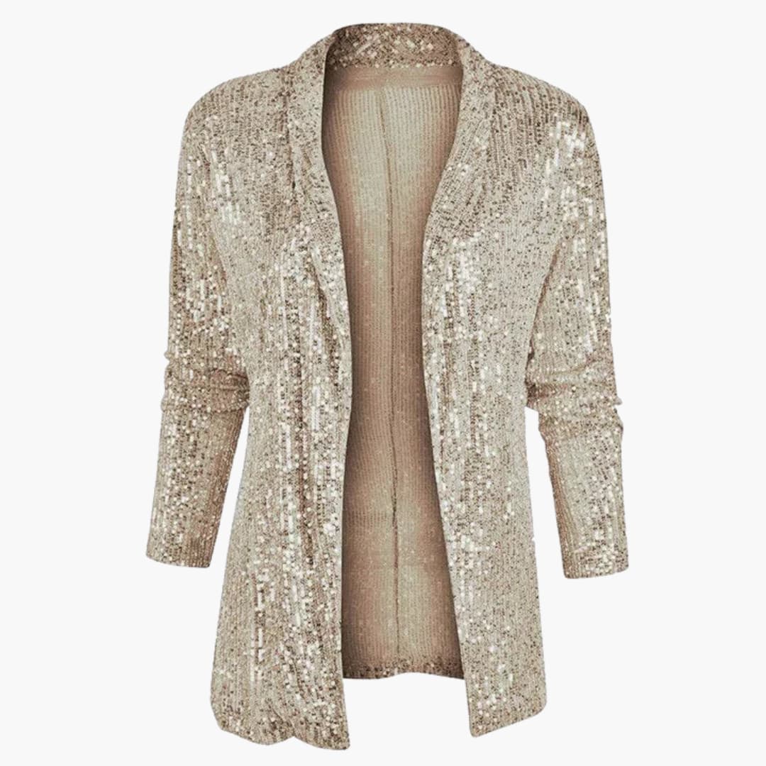 Women's silver sequin sleeveless blazer with notched lapel collar, structured chic party jacket