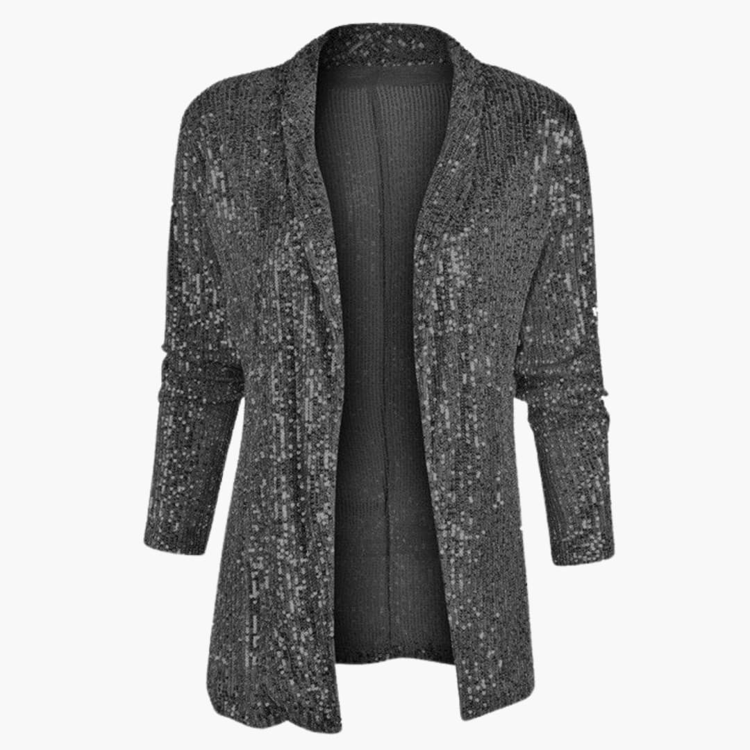 Women's silver sequin sleeveless blazer with notched lapel collar, structured chic glam jacket
