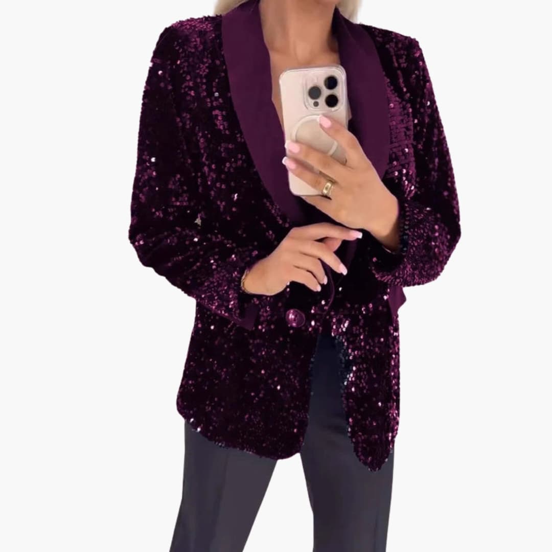 Women's silver sequin blazer classic collar structured silhouette party-ready shimmering tailored fit