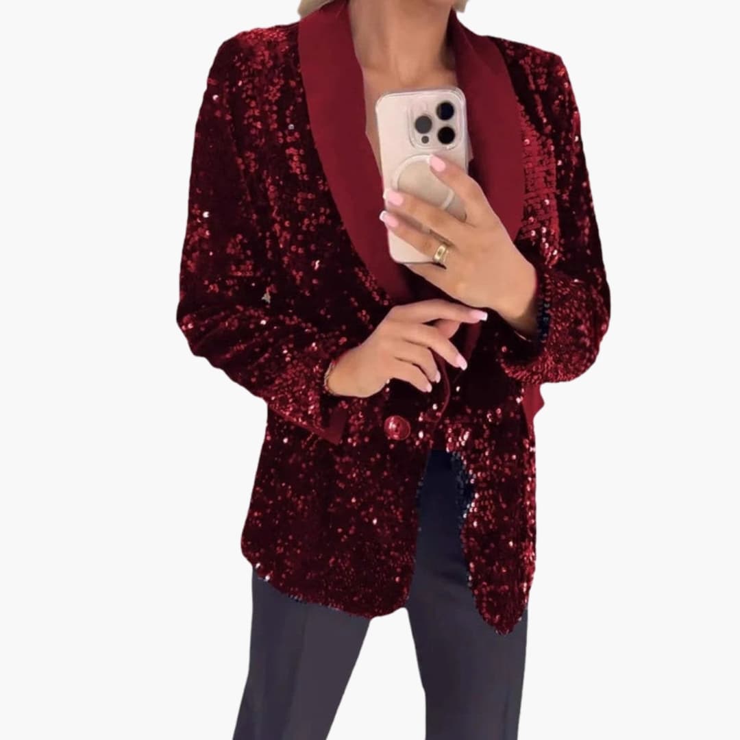 Women's silver sequin blazer classic collar structured silhouette party-ready shimmering tailored fit