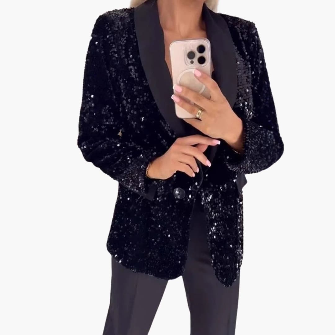 Women's silver sequin blazer classic collar structured silhouette party-ready shimmering tailored fit