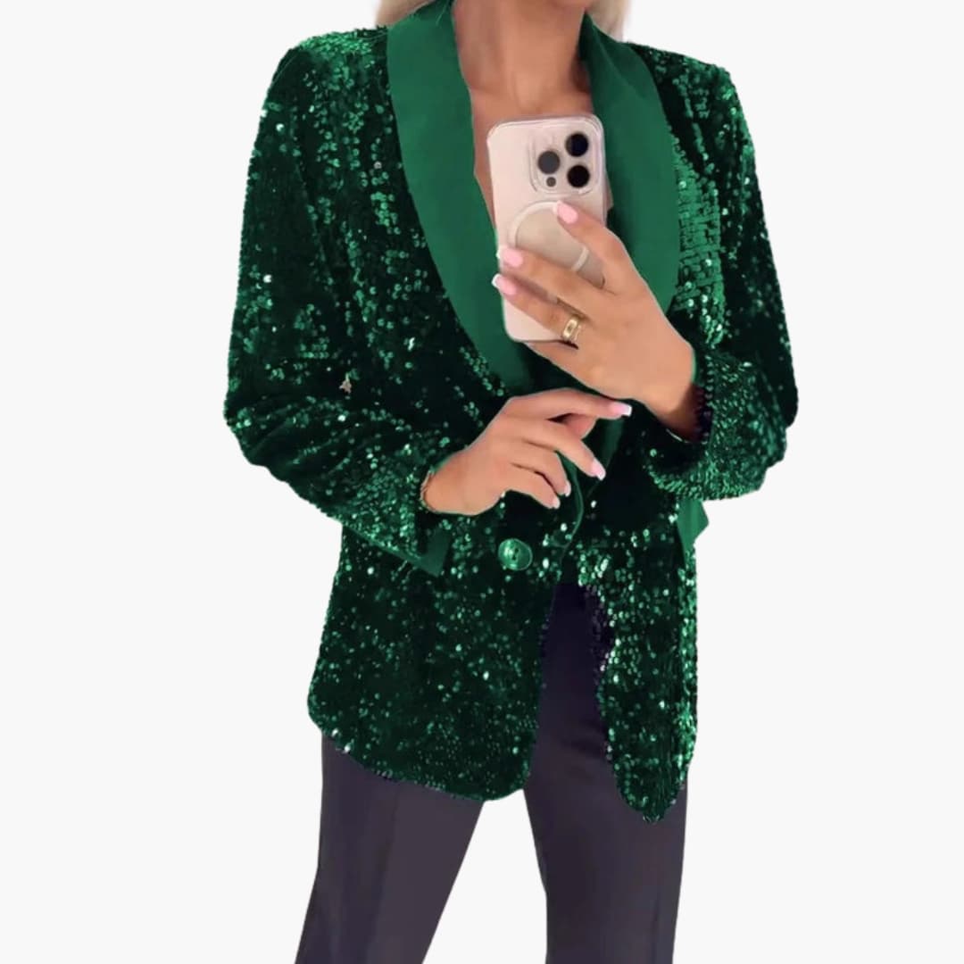 Women's silver sequin blazer classic collar structured silhouette party-ready sparkling event jacket