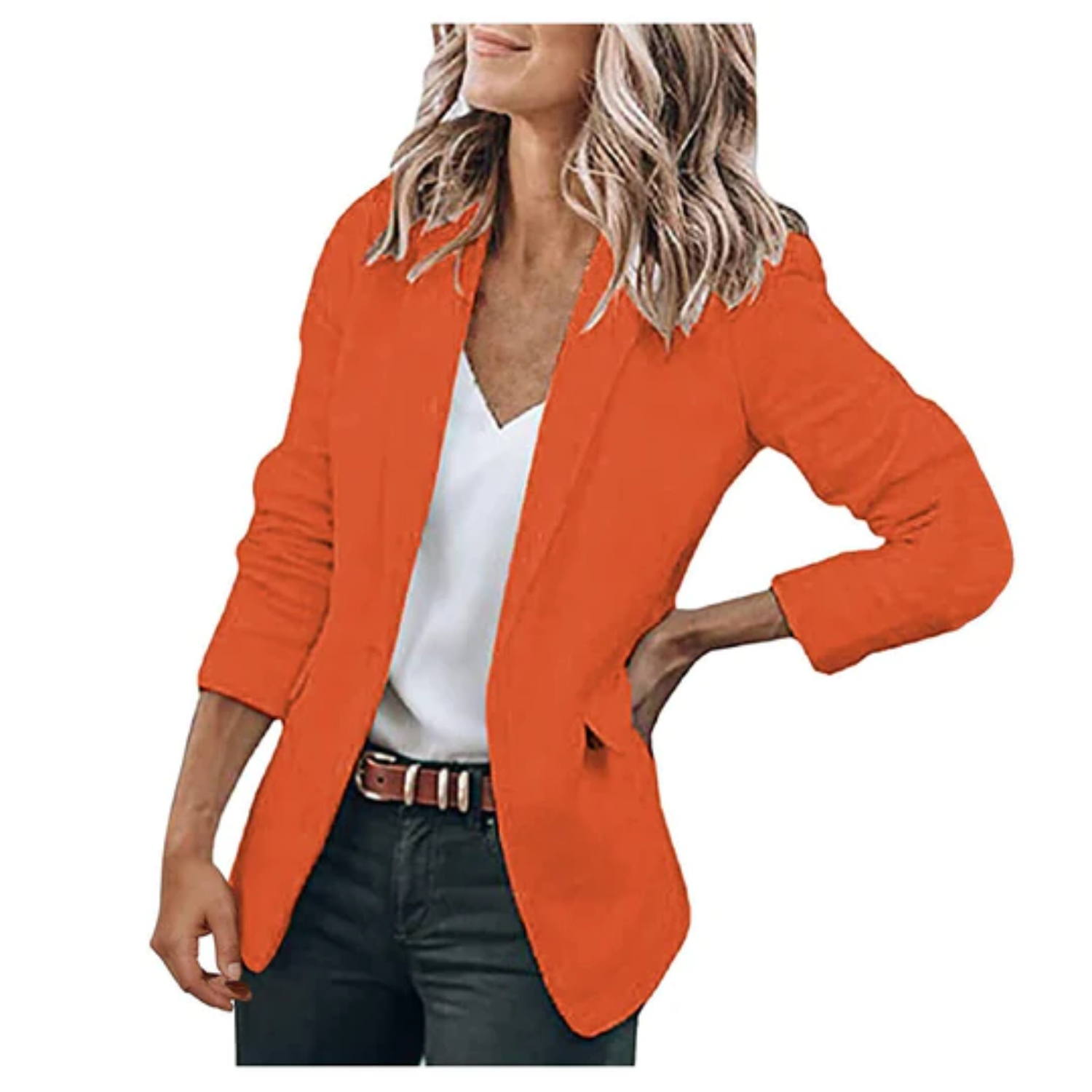 Women's open-front work blazer in neutral tone, tailored silhouette with effortless layering design