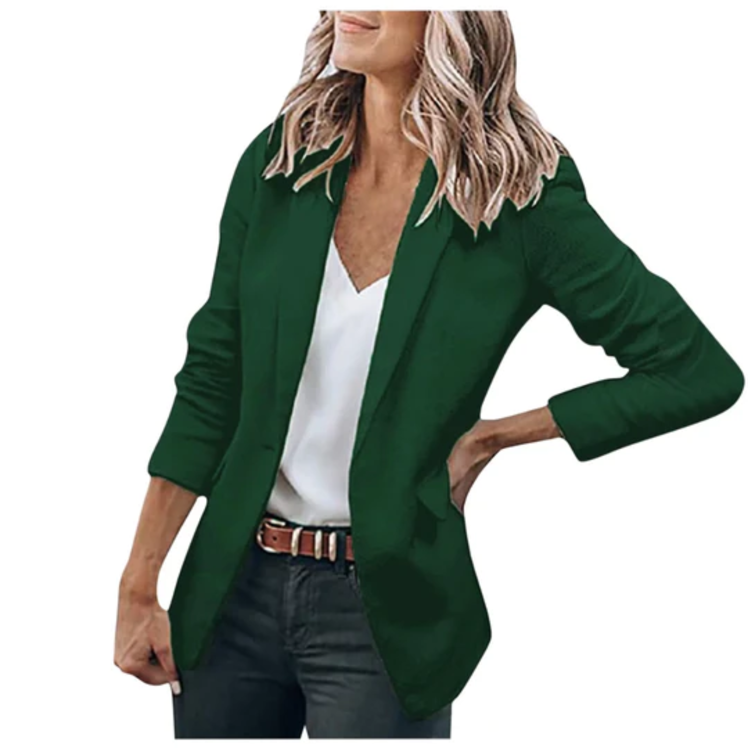 Women's open-front work blazer in neutral tone, tailored silhouette with effortless layering design
