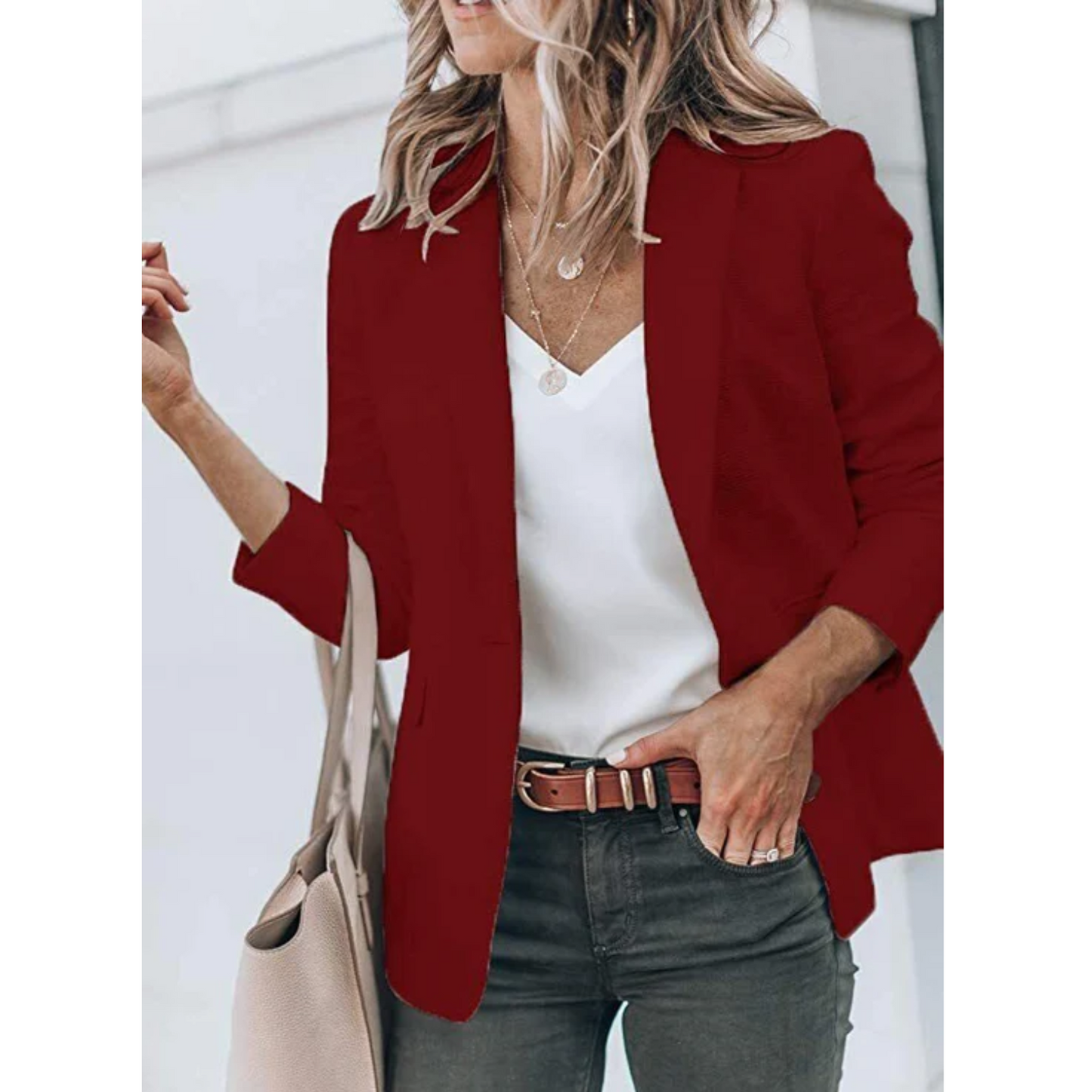 Women's open-front work blazer in neutral tone, tailored silhouette with effortless layering design