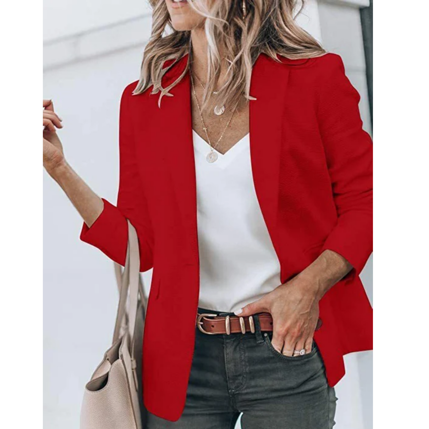 Women's open-front work blazer in neutral tone, tailored silhouette with effortless layering design