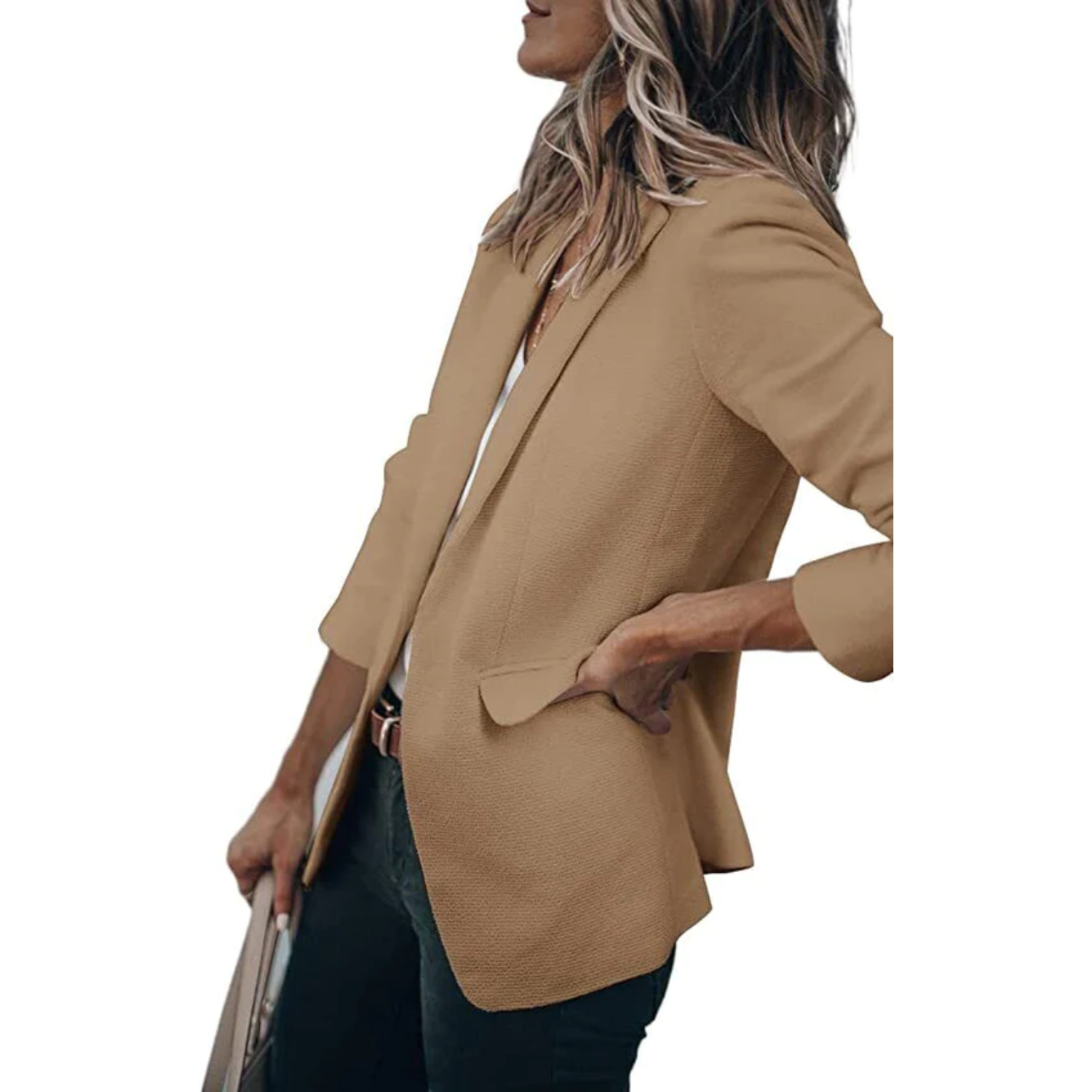 Women's open-front work blazer in neutral tone, tailored slim fit with effortless sophisticated silhouette