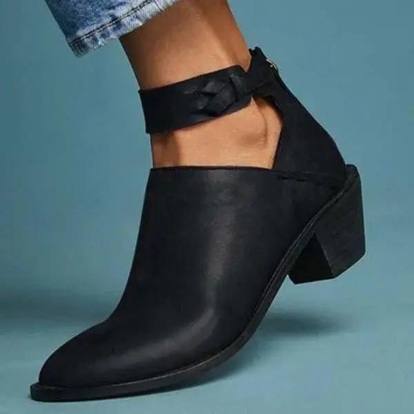 Women's block heel ankle boots in leather with open side design and braided ankle strap elegant style
