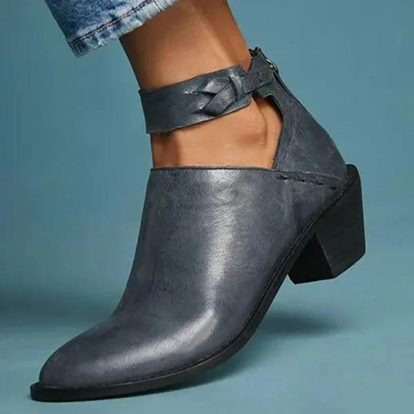 Women's black leather ankle boots block heel open side braided strap elegant casual style