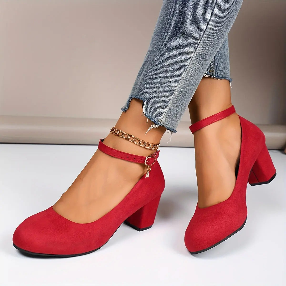Women's suede block heel pumps with ankle strap buckle closure, closed toe, elegant everyday style