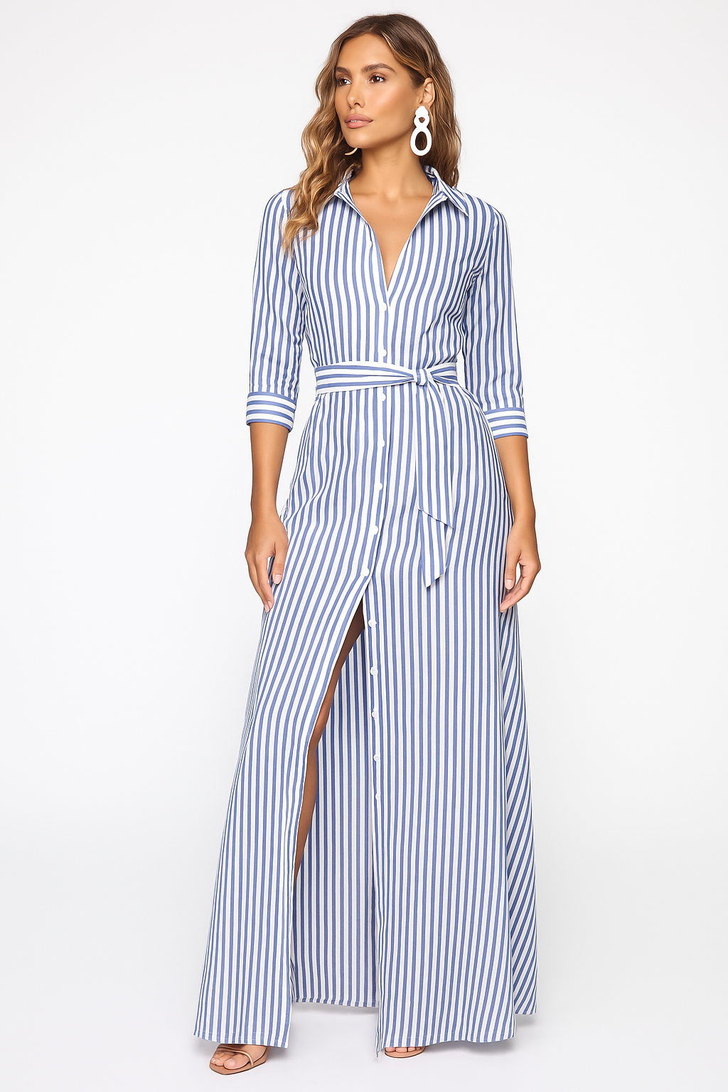 Striped maxi shirt dress with button-down front, tie belt waist, vertical stripes, polished office style