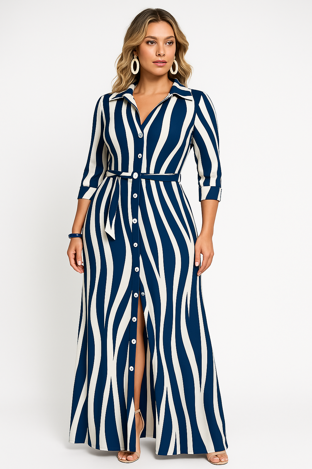 Striped maxi shirt dress with button front, tie belt waist, vertical stripes, polished office style