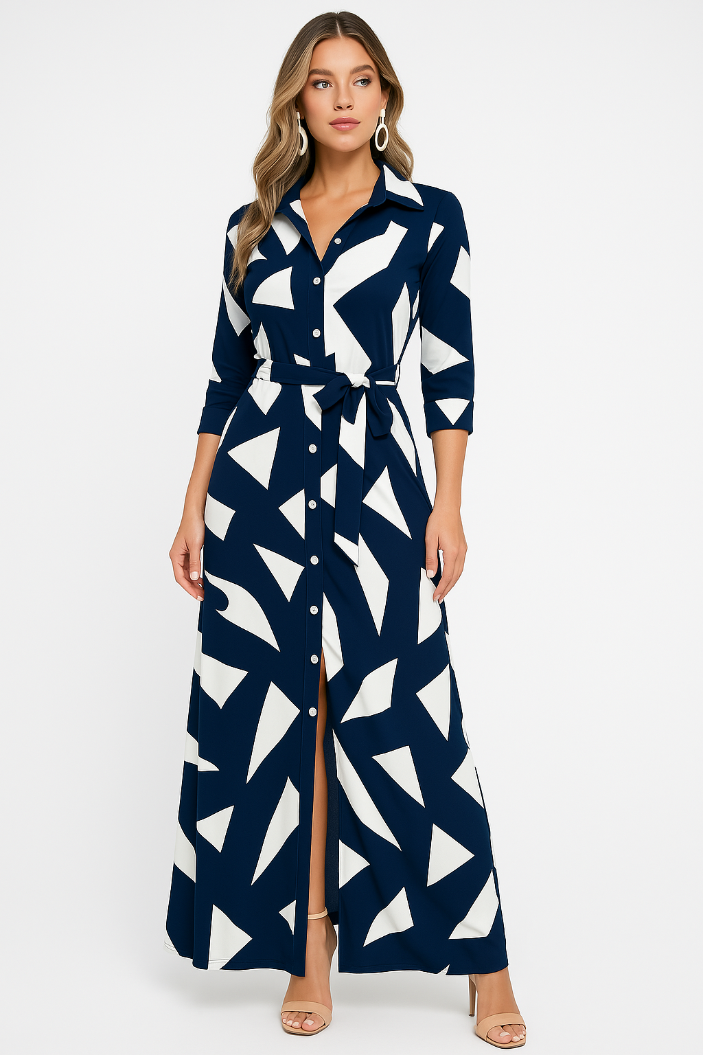 Striped maxi shirt dress with button front, tie belt waist, and vertical stripes for polished office wear