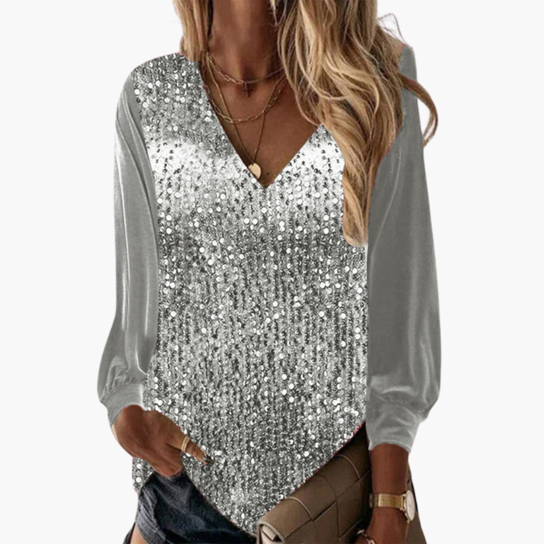 Women's black sequin V-neck blouse with semi-sheer long sleeves and sparkling front panel