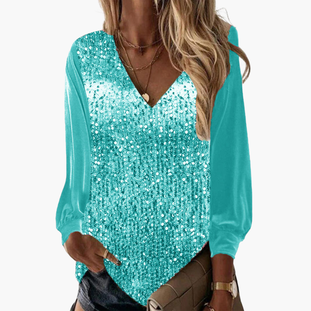 Women's silver sequin V-neck blouse with semi-sheer long sleeves and elegant front panel