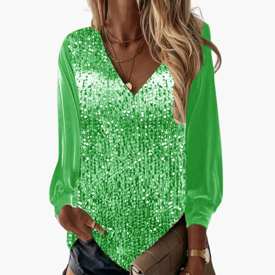 Women's silver sequin V-neck blouse with semi-sheer long sleeves and sparkling front panel
