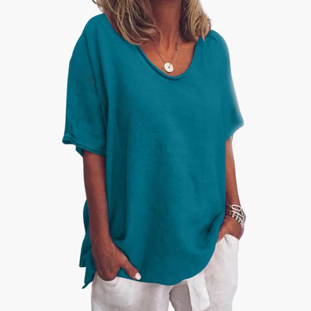 Women's loose-fit short sleeve round neck blouse lightweight flowing fabric for summer office wear