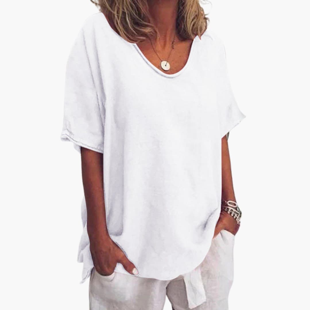 Women's short sleeve round neck loose blouse, flowing summer fit for casual office wear